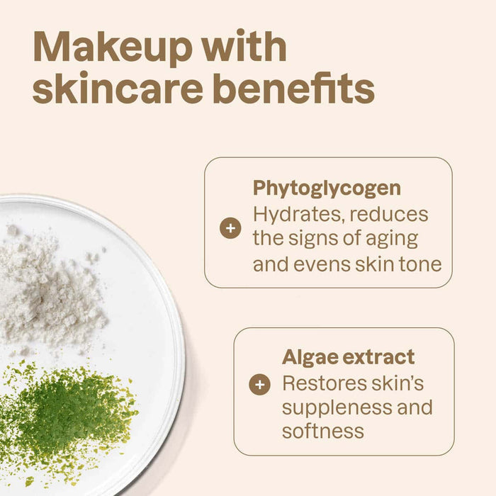 Makeup with skincare benefits text and ingredients on a beige background.