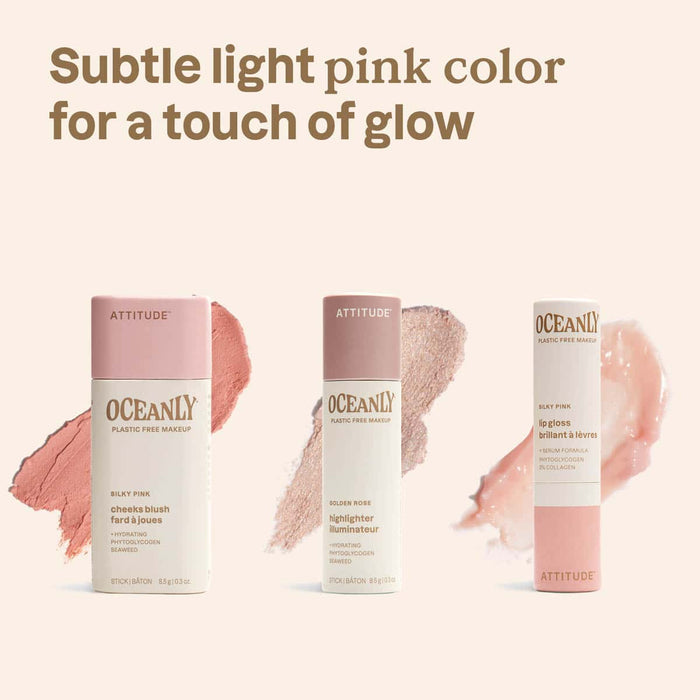 Three Oceanly makeup products on a light pink background with text about subtle light pink colour.