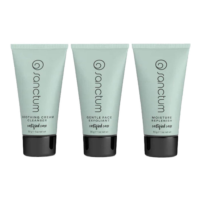 Three tubes of Sanctum skincare products on a white background.