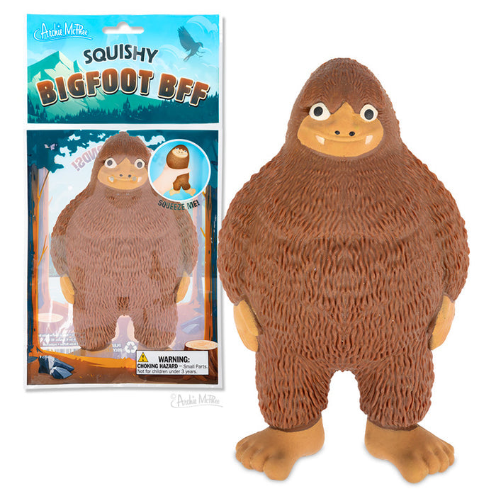 The Squishy Bigfoot BFF toy features a squeezable, brown, fuzzy figure with a friendly face, displayed against its packaging in the background.