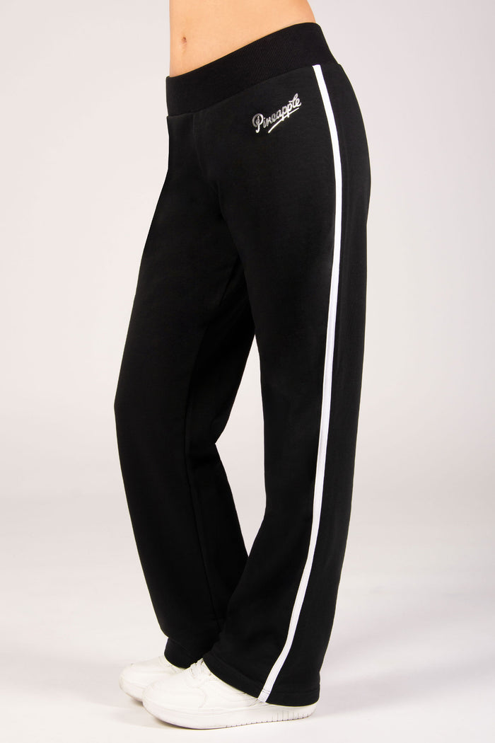 Black wide leg joggers with white side stripe and elasticated waistband