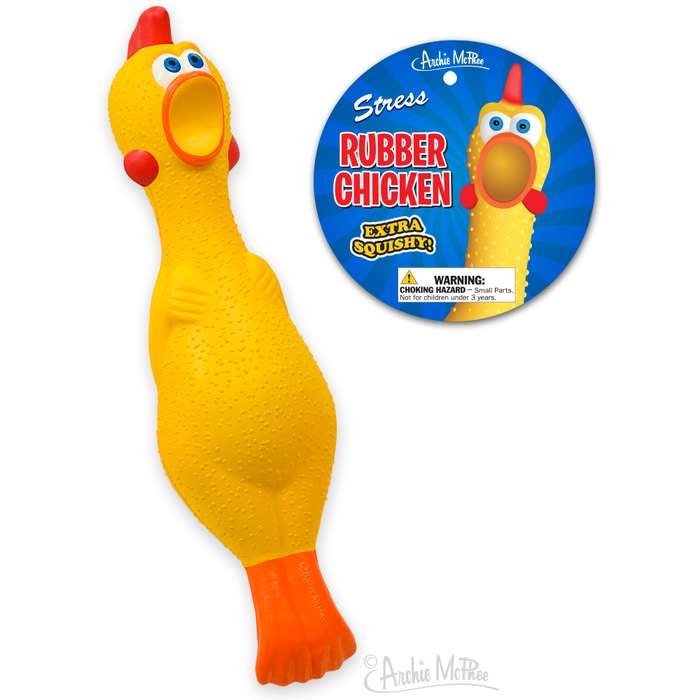 The Stress Rubber Chicken is a stress-relief toy made of extra squishy polyurethane foam, featuring a yellow body, red comb, and orange feet.