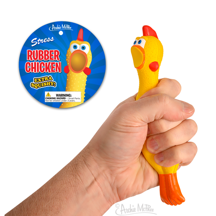 Squeeze the Stress Rubber Chicken, made from soft polyurethane foam, to relieve stress. Be aware of the choking hazard warning for this ultra-squishy toy.