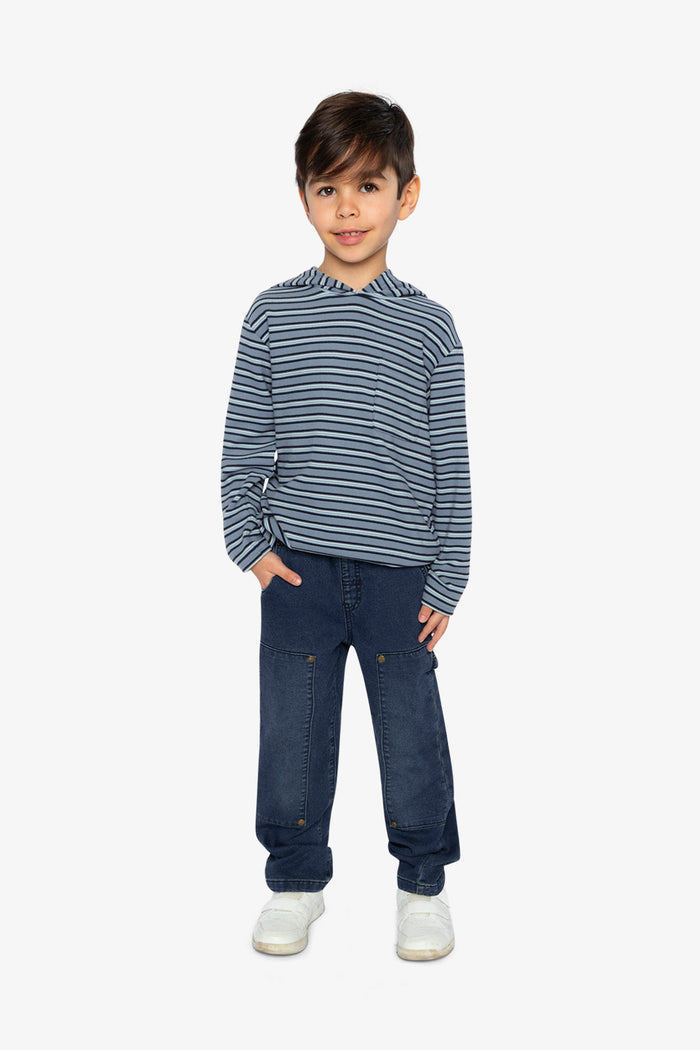 Striped Brushed Jersey Hooded T-Shirt Blue And White-3