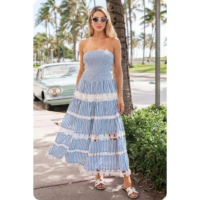 Striped Floral Lace Tube Dress