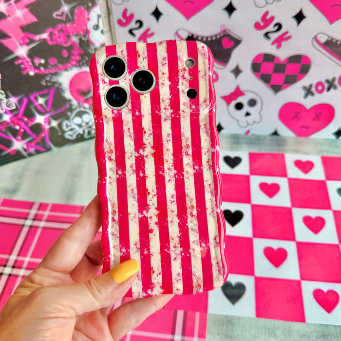 Trendy wavy iPhone case featuring a distressed pink and cream candy stripe pattern with a textured grunge static overlay and high-gloss finish.
