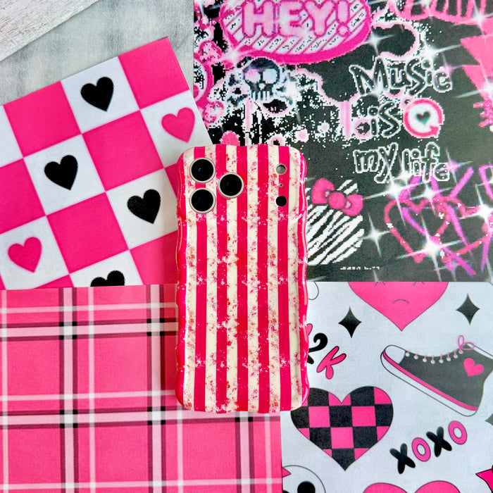 Trendy wavy iPhone case featuring a distressed pink and cream candy stripe pattern with a textured grunge static overlay and high-gloss finish.