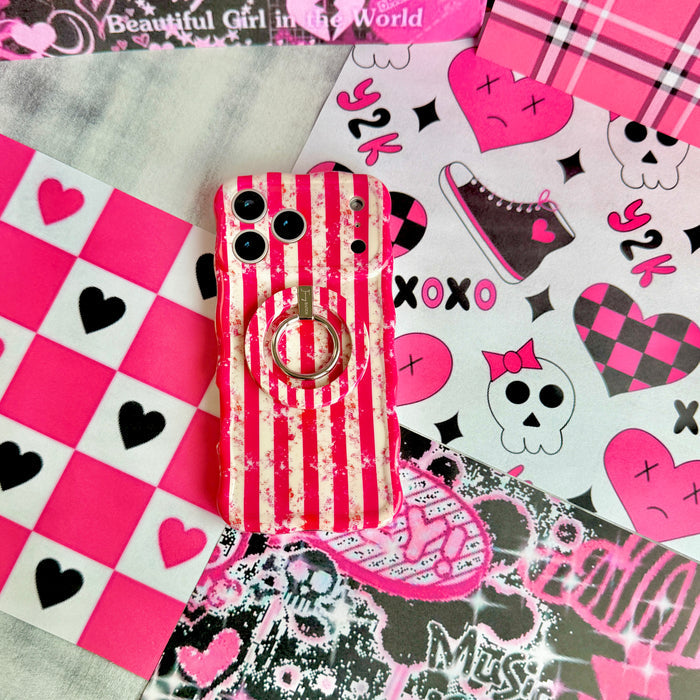 Trendy wavy iPhone case featuring a distressed pink and cream candy stripe pattern with a textured grunge static overlay and high-gloss finish.