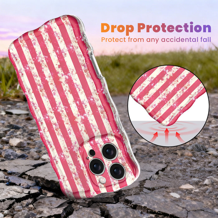 Trendy wavy iPhone case featuring a distressed pink and cream candy stripe pattern with a textured grunge static overlay and high-gloss finish.