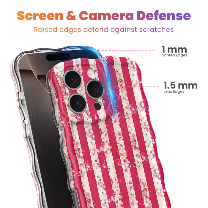 Trendy wavy iPhone case featuring a distressed pink and cream candy stripe pattern with a textured grunge static overlay and high-gloss finish.