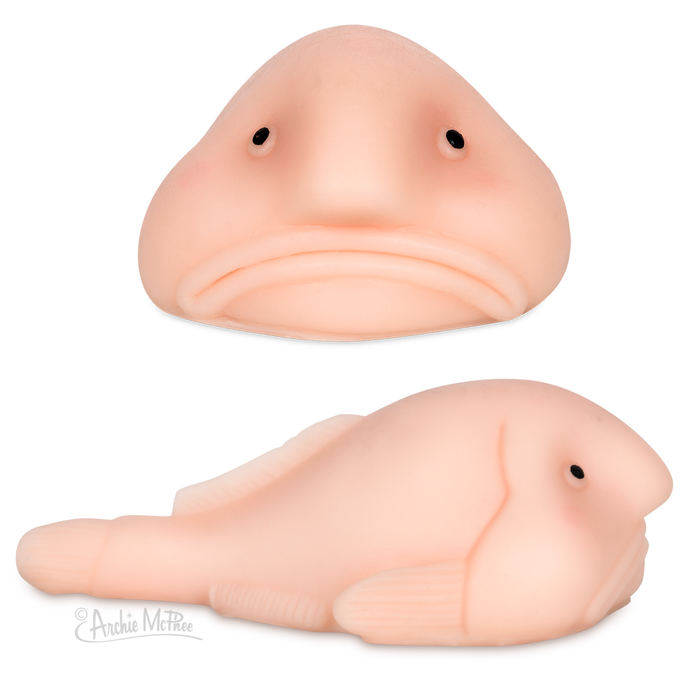 Meet Sunny The Happy Blobfish, a squishy toy with a round, droopy face and tiny eyes, pictured from two angles. This stretchy sticky blobfish is ideal for playful squeezing and stress relief.