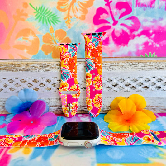 Sunset Hibiscus Print Silicone Band For Apple Watch