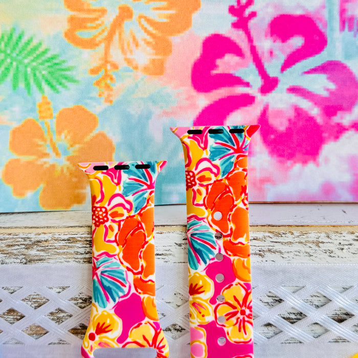 Sunset Hibiscus Print Silicone Band For Apple Watch