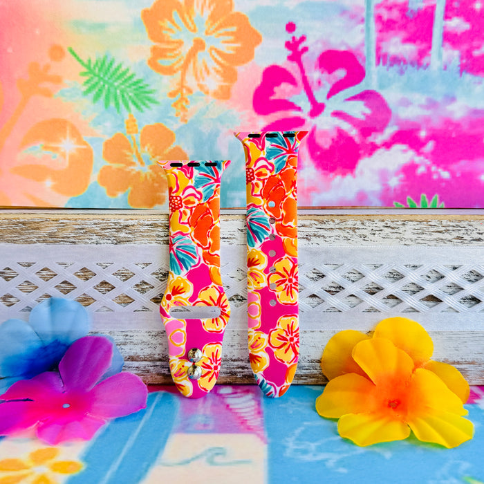 Sunset Hibiscus Print Silicone Band For Apple Watch