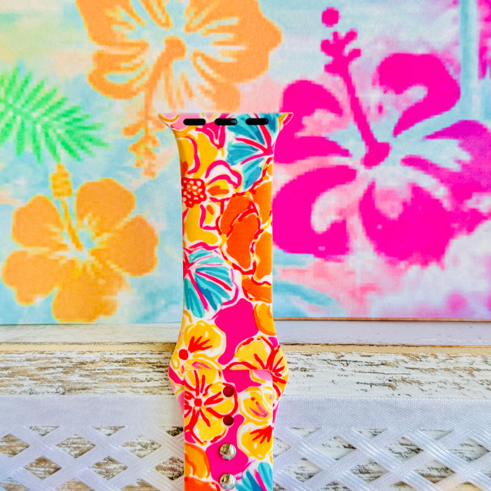 Sunset Hibiscus Print Silicone Band For Apple Watch