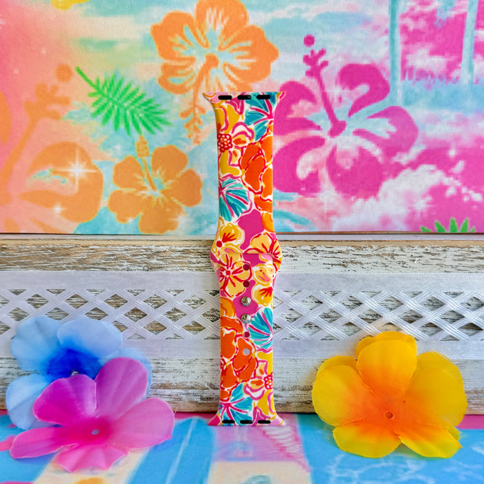 Sunset Hibiscus Print Silicone Band For Apple Watch