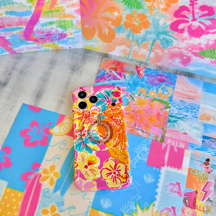 Trendy wavy iPhone case featuring a vibrant pink, orange, and teal hibiscus flower pattern with a high-gloss finish.