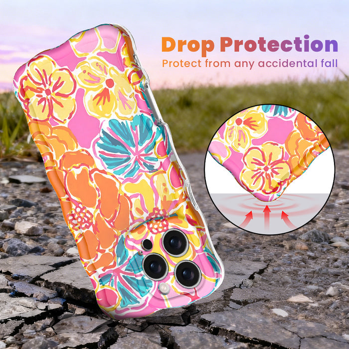 Trendy wavy iPhone case featuring a vibrant pink, orange, and teal hibiscus flower pattern with a high-gloss finish.