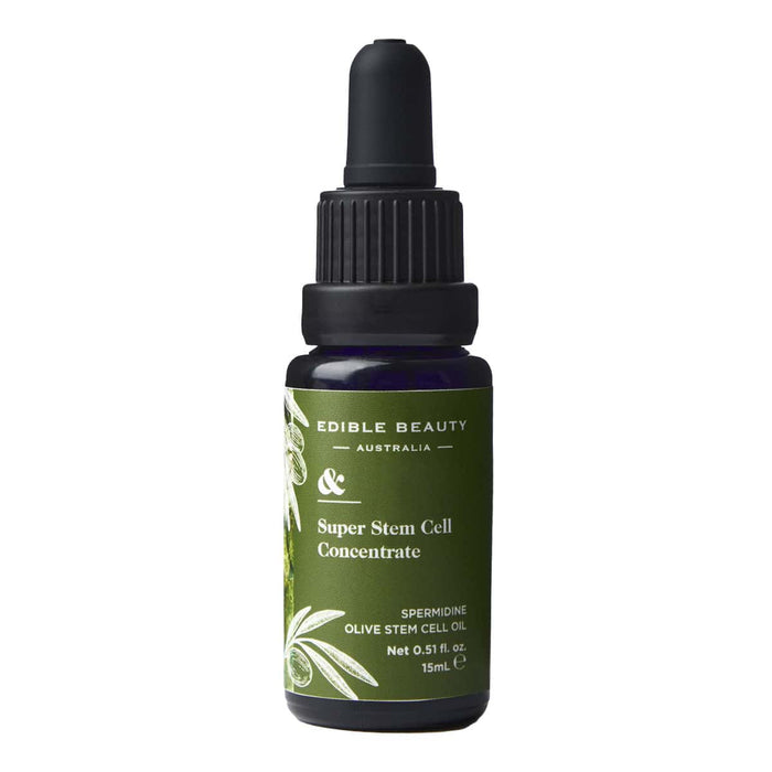 Bottle of Edible Beauty Super Stem Cell Concentrate 15ml on a white background.