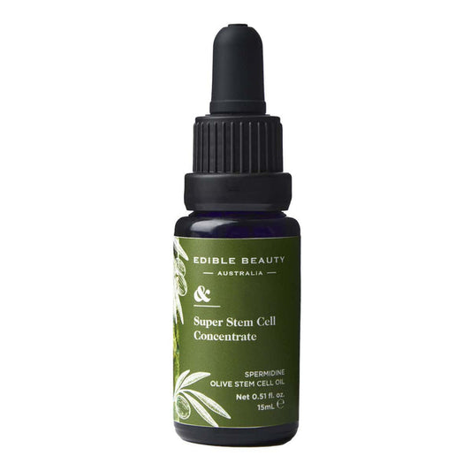 Bottle of Edible Beauty Super Stem Cell Concentrate 15ml on a white background.