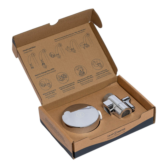 Tappwater Tap Water Filter Starter Pack, including a water filter and 1 refill. Compact filter that removes impurities.