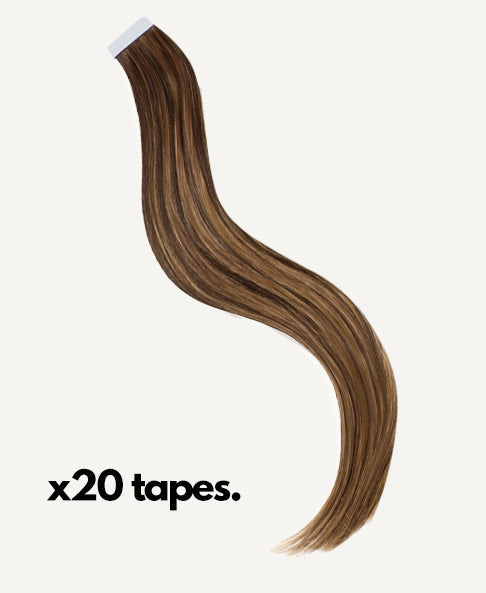 tape-in hair extensions caramel balayage.