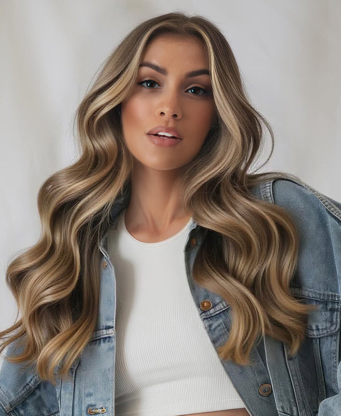 tape-in hair extensions teddy blonde balayage.