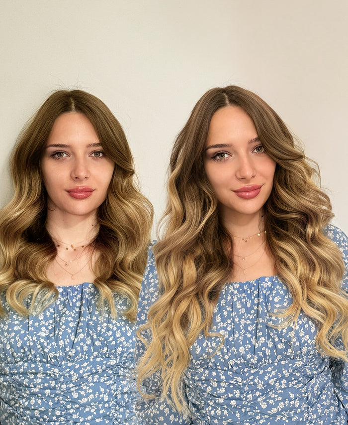 tape-in hair extensions teddy blonde balayage.