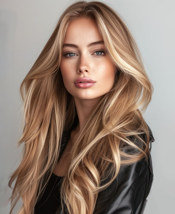 tape-in hair extensions teddy blonde balayage.