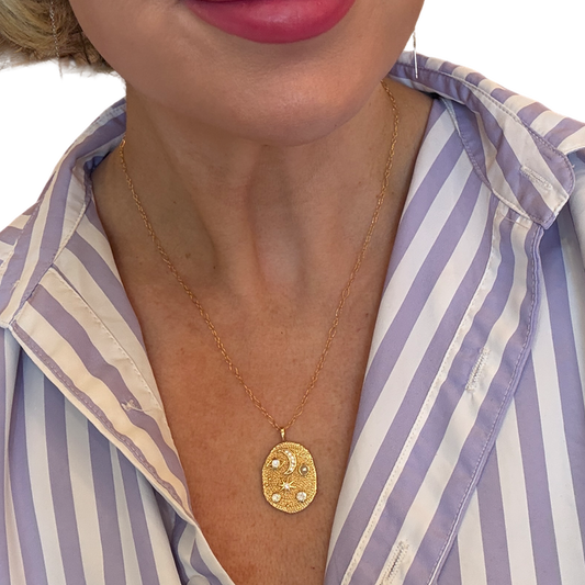 The Galaxy Necklace – Gold Filled Pendant with Stars, Pearl & CZ Accents
