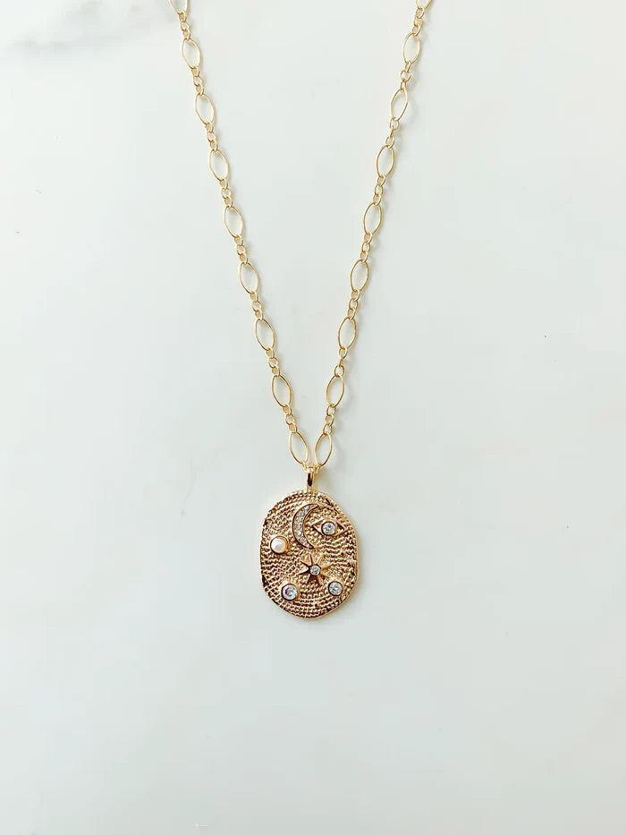 galaxy necklace, celestial jewelry, pearl and cz necklace, gold filled pendant necklace, night sky jewelry, star necklace, long short chain necklace, artisan celestial pendant