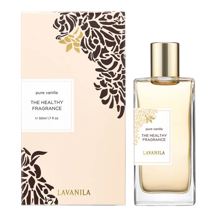 A bottle of LaVanila The Healthy Fragrance with Pure Vanilla, alongside its packaging which features floral designs and the brand's logo.