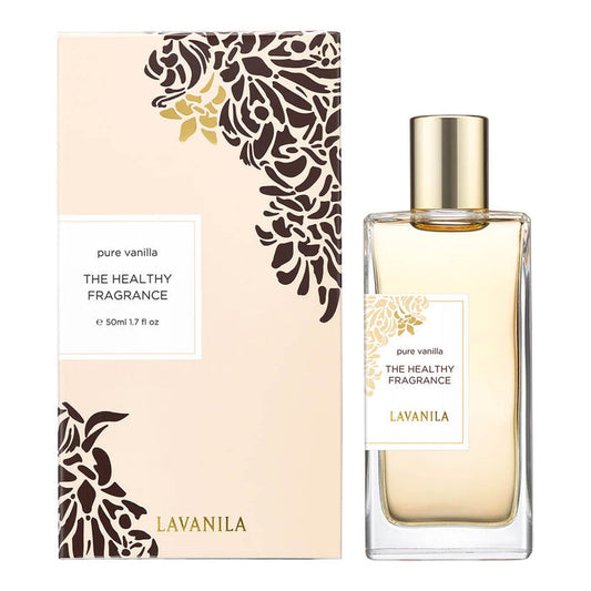 A bottle of LaVanila The Healthy Fragrance with Pure Vanilla, alongside its packaging which features floral designs and the brand's logo.