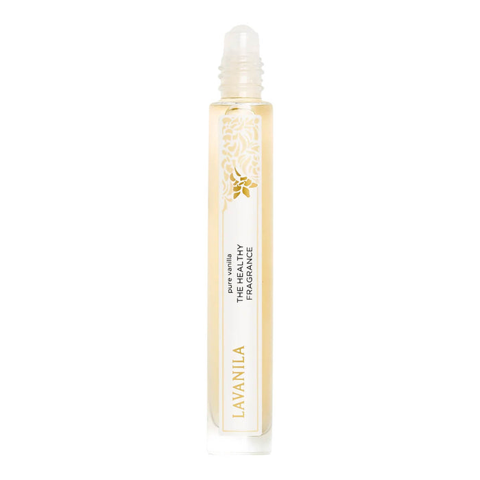 A bottle of LaVanila The Healthy Fragrance with Pure Vanilla, alongside its packaging which features floral designs and the brand's logo.