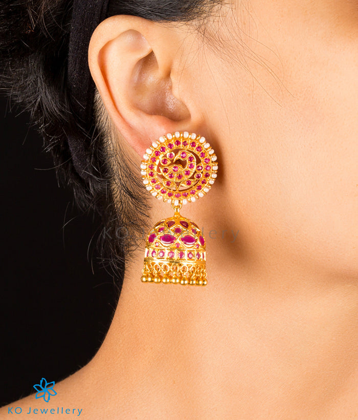 The Neelakanta Silver Peacock Jhumka (Red)