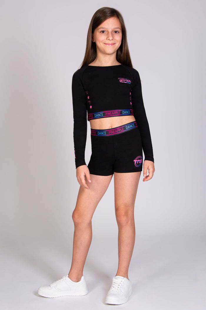 Black long sleeve crop top for girls, perfect for dance classes and sport events. Paired with matching shorts in black.
