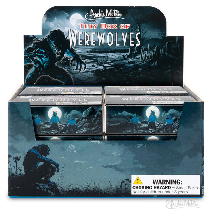 Display box featuring Tiny Box of Werewolves, showcasing werewolf imagery and a warning label.