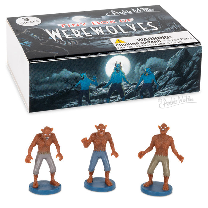 The Tiny Box of Werewolves contains three werewolf figurines in assorted outfits, each standing on a blue base.