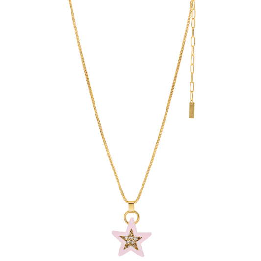 Gold necklace with a star-shaped pendant on a white background