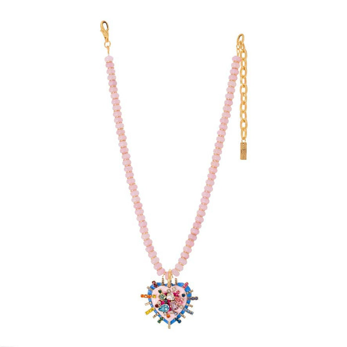 Necklace with pink beaded chain and multicolored heart-shaped pendant on a white background