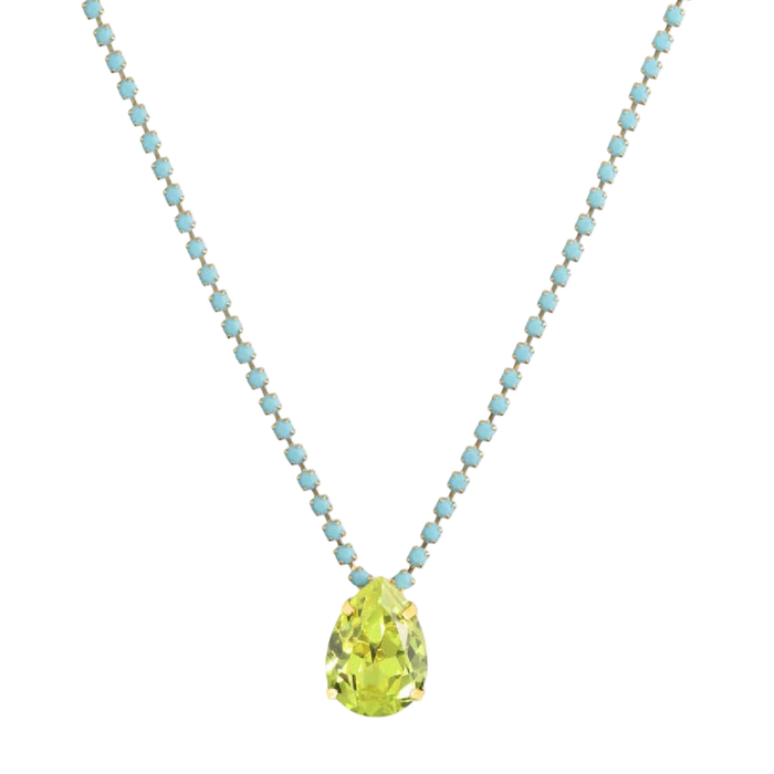 Necklace with a green teardrop pendant and blue bead chain on a white background