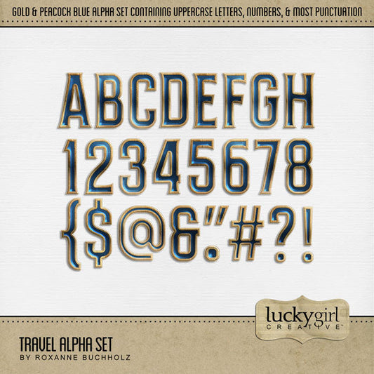 Create beautiful page titles with these gold and blue digital scrapbooking alphabet letters, numbers, and punctuation by Lucky Girl Creative digital art. Perfect for everyday pages and travel vacations. The Travel Alpha Set consists of a full set of digital art uppercase letters A-Z, numbers 0-9, and most punctuation marks. This alpha set is available as individual embellishments only. This kit is included in the Travel Landmarks Watercolor Mega Bundle.