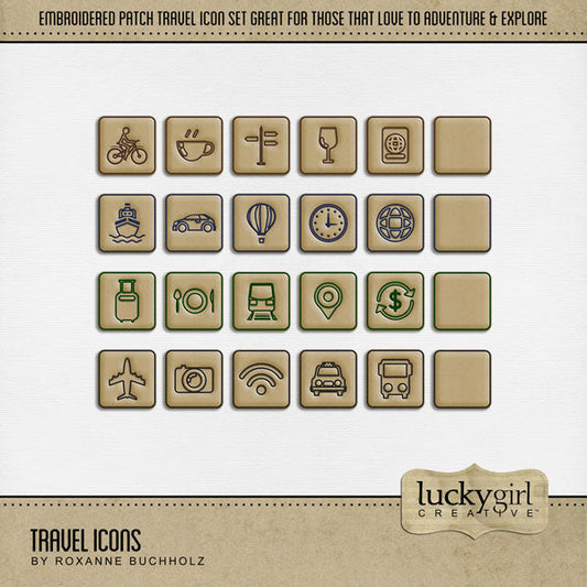 Quickly and easily add a playful page title to all your travel pages with these embroidered patches by Lucky Girl Creative digital art for digital scrapbooking with fun vacation and transportation icons. Icons include airplane, plane, car, auto, automobile, bike, bicycle, ship, cruise ship, boat, bus, tour bus, camera, coffee, tea, directional sign, food, place setting, world, hot air balloon, location marker, train, railway, money, passport, suitcase, luggage, taxi, clock, time, wifi, internet, and wine .