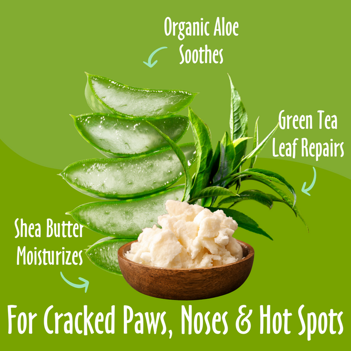 For Cracked Paws, Noses & Hot Spots, elements like organic aloe, green tea, shea butter, and their benefits.