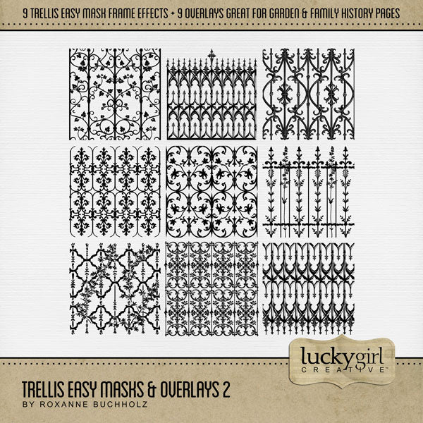 Love distressed vintage backgrounds? Now you can create your own with these Easy Mask Frame Effects and Overlay Embellishments. Perfect for weddings, prom, garden, vintage, heritage, and family history pages. With 9 unique grunge garden trellis textures, these vintage designs can be used as is, filled with paper, colorized, or used as Blend effects. Now you can design your own backgrounds! Make subtle or bold - the choice is yours!