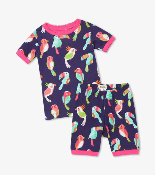 Hatley girls Tropical Birds organic cotton short pajama set in Navy/Pink with matching shorts.