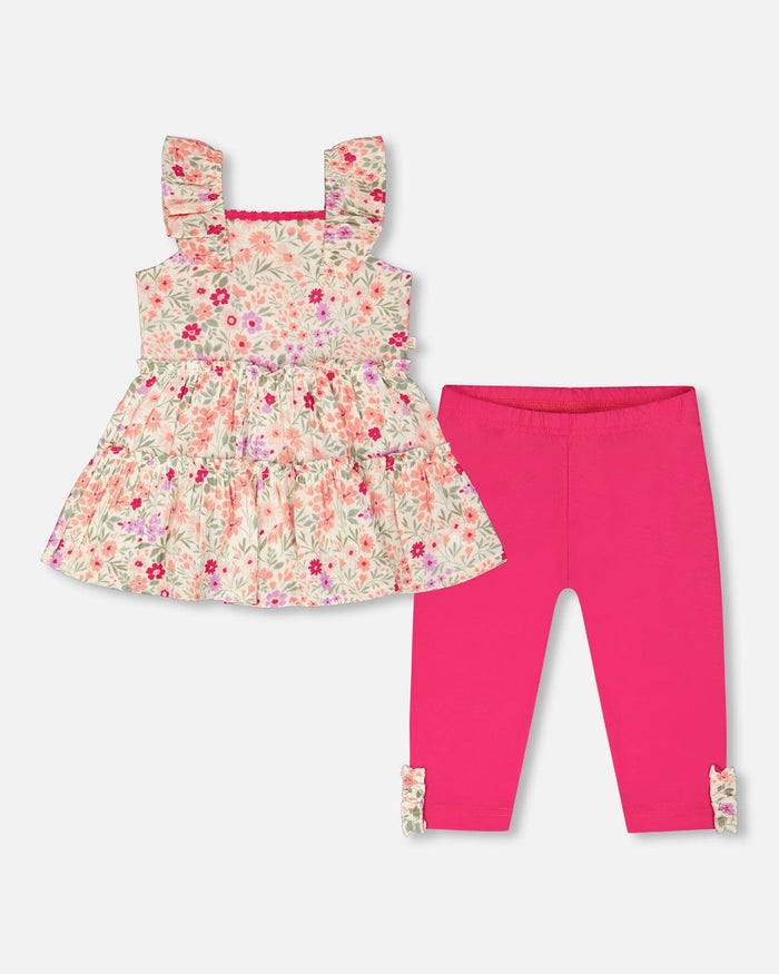 Tunic And Organic Cotton Capri Set Off White Printed Flowers And Pink-0