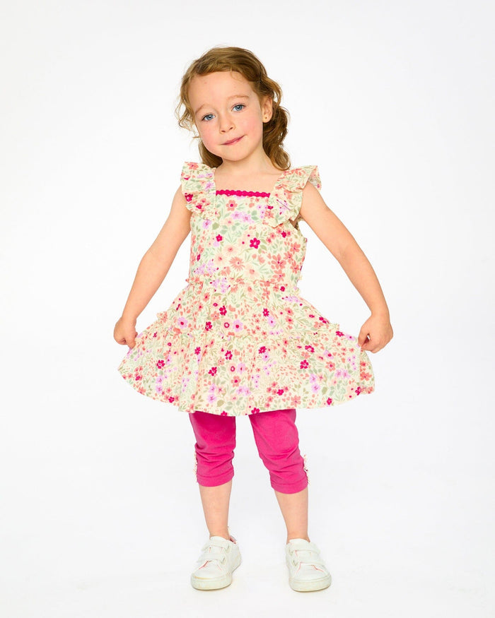 Tunic And Organic Cotton Capri Set Off White Printed Flowers And Pink-1
