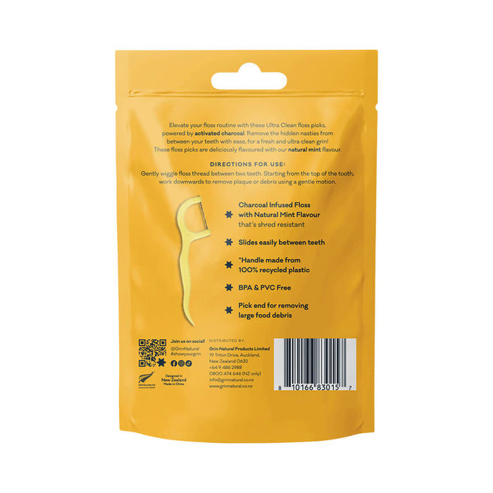 Back of 80 pack of Grin Ultra Clean Charcoal Infused Floss Picks made with 100% recycled plastic.