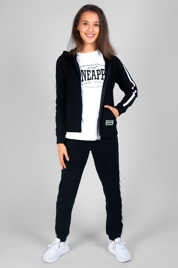 Girl wearing black Unisex Kids' Stripe Joggers, Zip Jacket, and white Dance T-Shirt